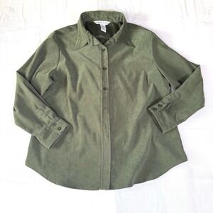 VTG David Hollis Olive Green Faux Suede Button Down Shirt Womens XL Long Sleeve